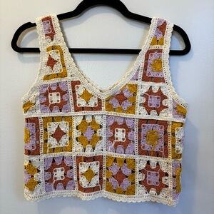 Rebellion Pink, Orange, Yellow, Cream Crochet Crop Top - Size Small